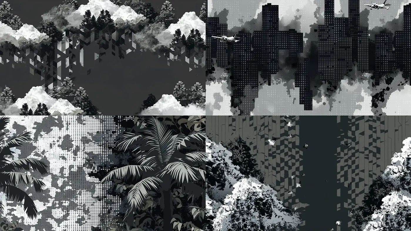 Pixelated Monochrome Dreamscape Series - Midjourney sref style
