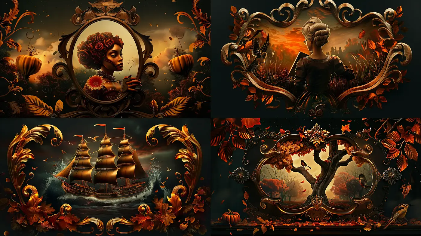 Baroque Autumn Elegance: An Opulent Harmony of Warm Hues and Intricate Ornaments - Midjourney sref style