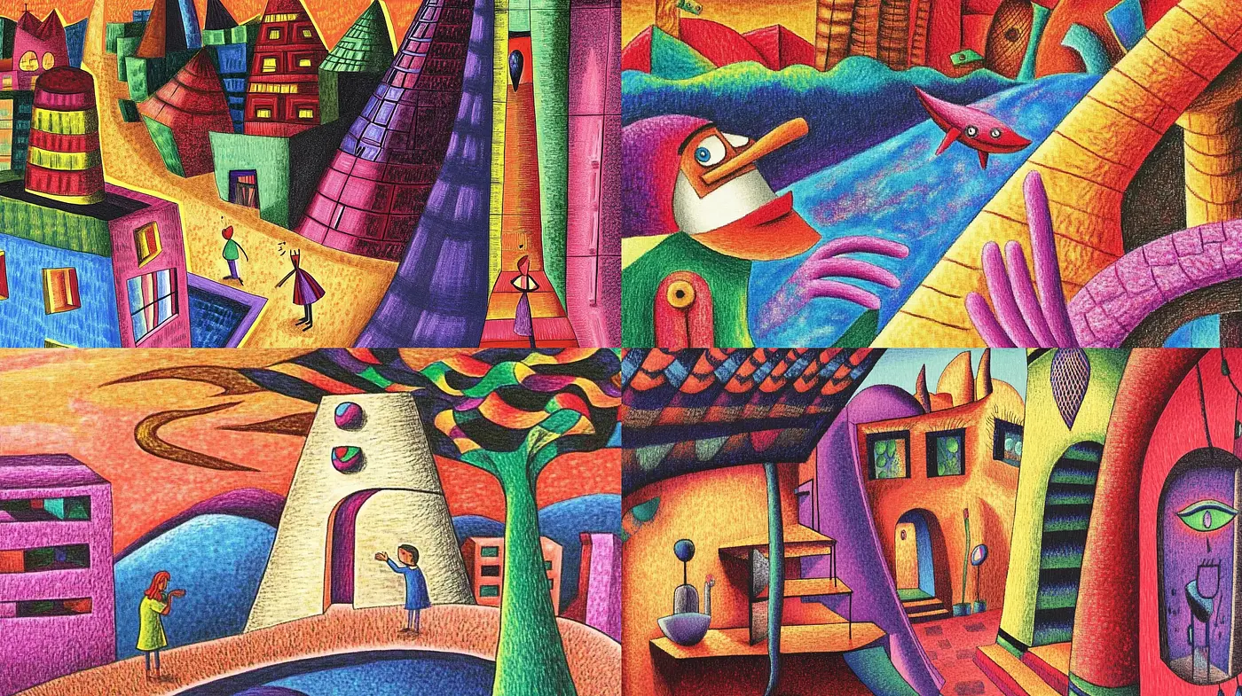 Vibrant Hues in Surrealistic Dreamscapes: A Tribute to Cubist and Expressionist Aesthetics - Midjourney sref style