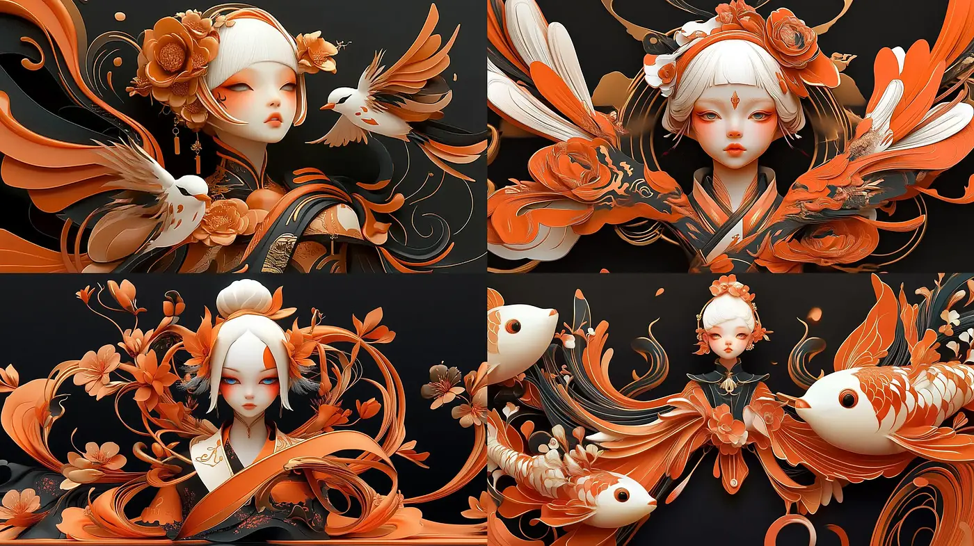 Harmonious Elegance in Symphonic Orange: A Digital Art Series on Ethereal Beauty - Midjourney sref style