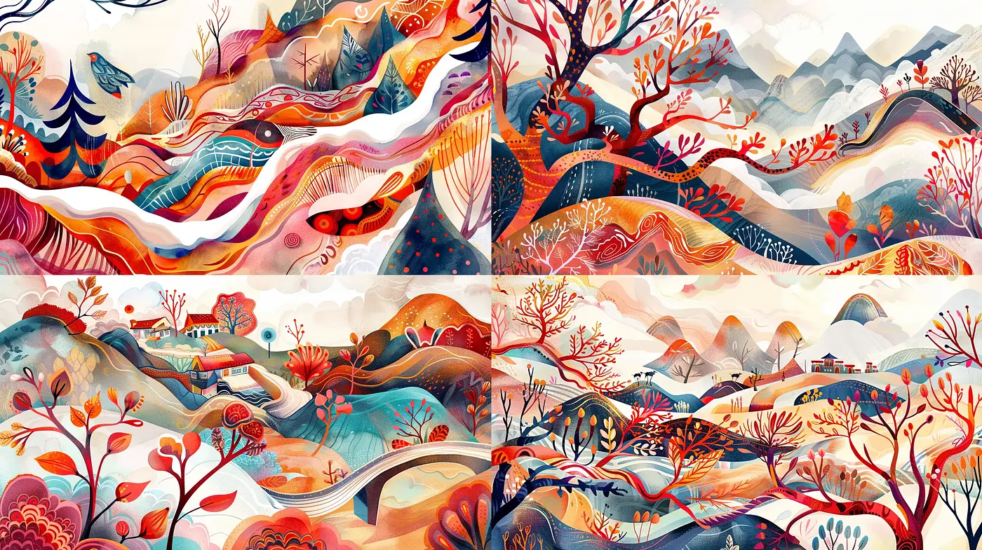 Whimsical Tapestry of Nature: A Serene Fusion of Stylized Landscapes and Dreamy Hues - Midjourney sref style
