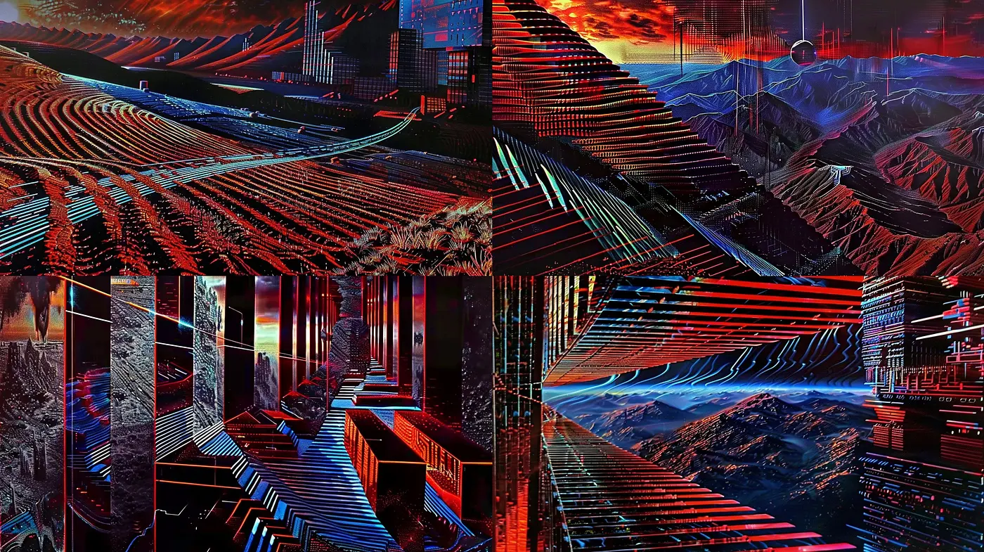 Synthetic Crescendo: A Cyber-Synth Frenzy in Scarlet and Cobalt - Midjourney sref style