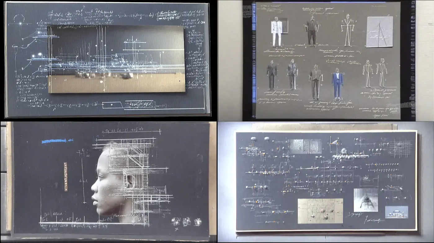 Futuristic schematic art with a blend of technical drawing and portraiture - Midjourney sref style