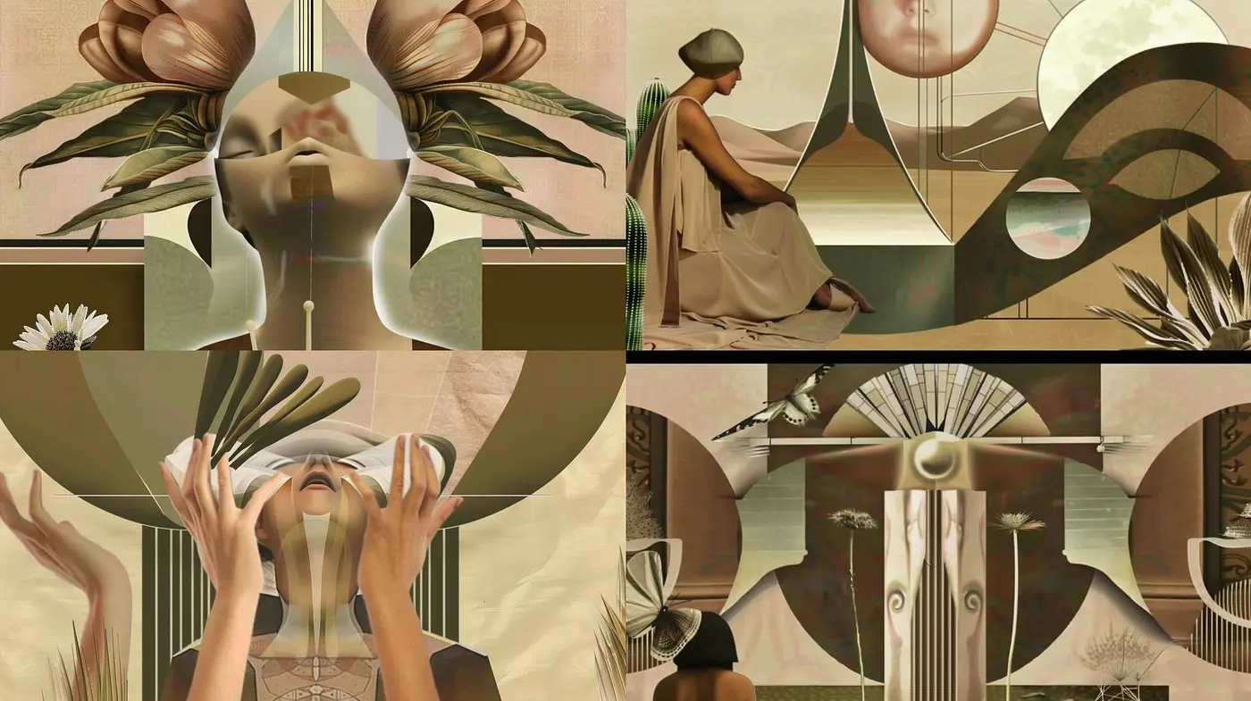 Surrealist Fusion of Organic and Geometric Balance in Sepia Tones - Midjourney sref style