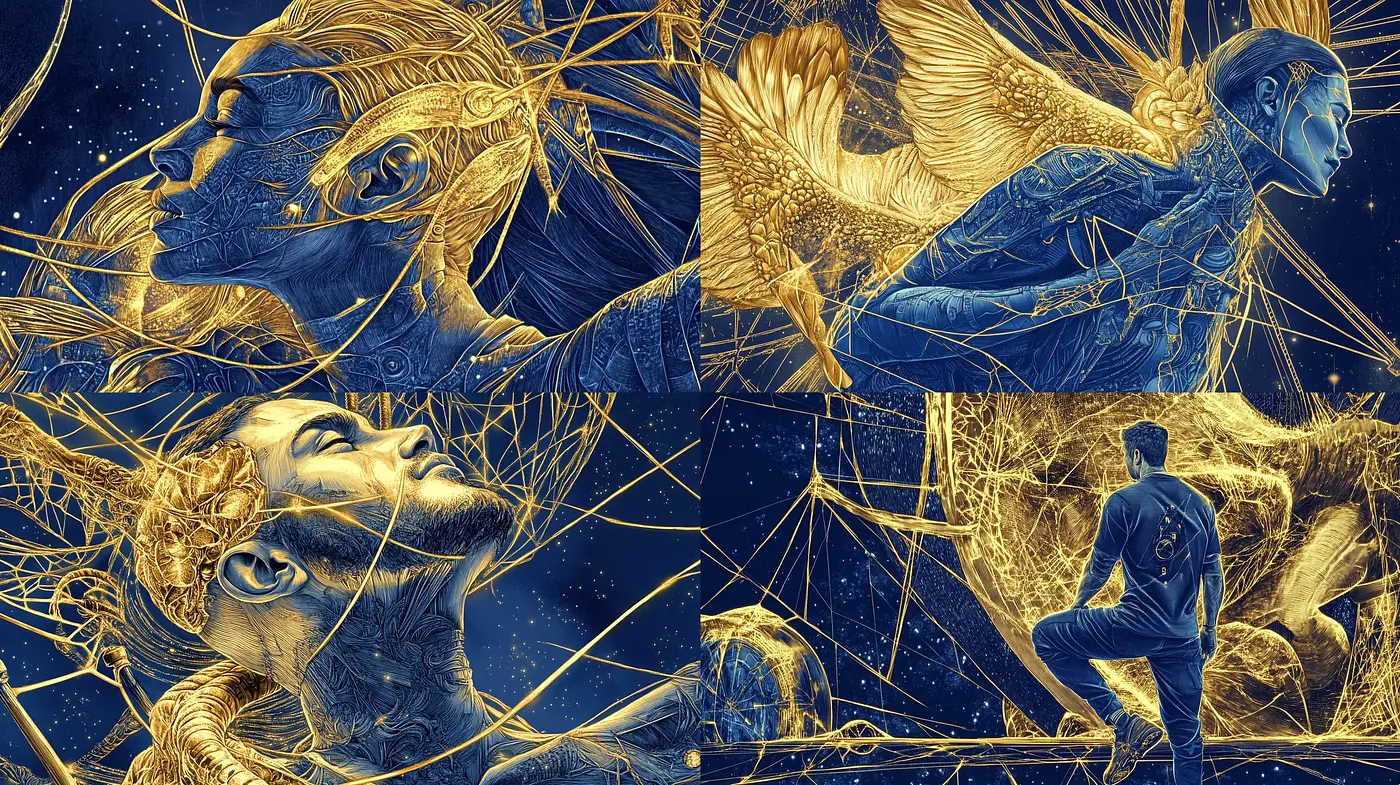 Starry Luminance: Ethereal Threads Binding Forms in Gold and Indigo - Midjourney sref style