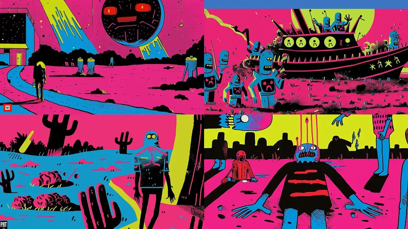 Vibrant and Futuristic Retro-Analog Aesthetic in Surreal Environments - Midjourney sref style