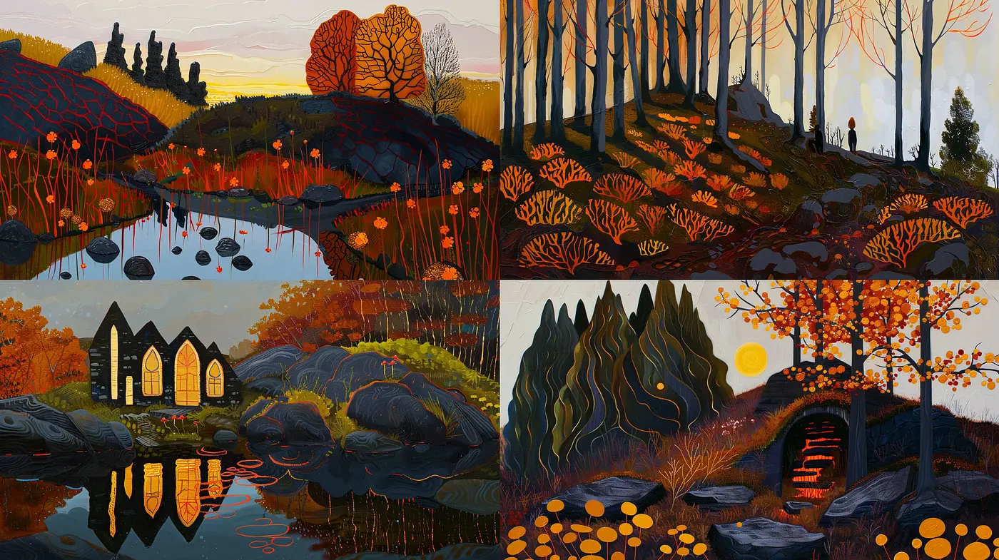 Twilight Serenity in Stylized Nature - Midjourney sref style