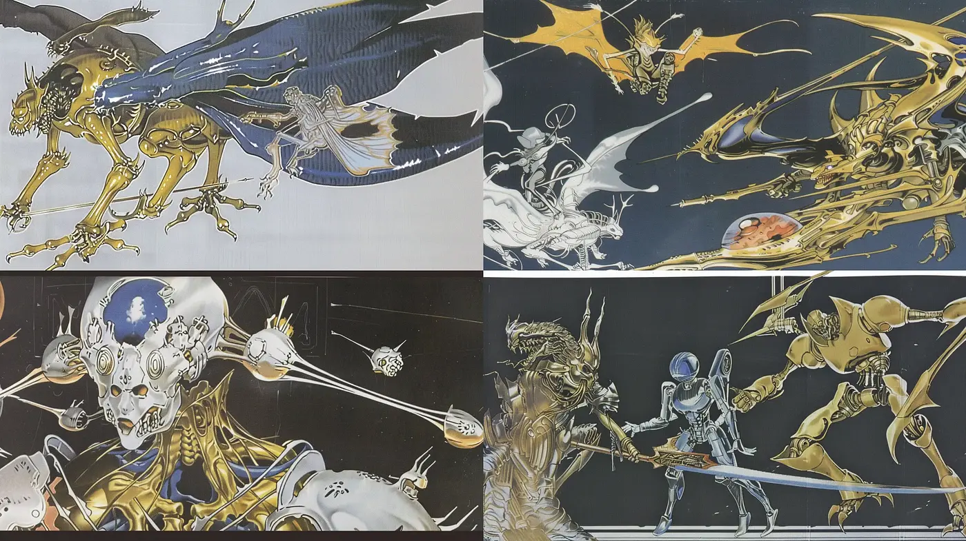 Ethereal Golden Synthesis: A Harmonious Blending of Dynamic Forms and Hues - Midjourney sref style