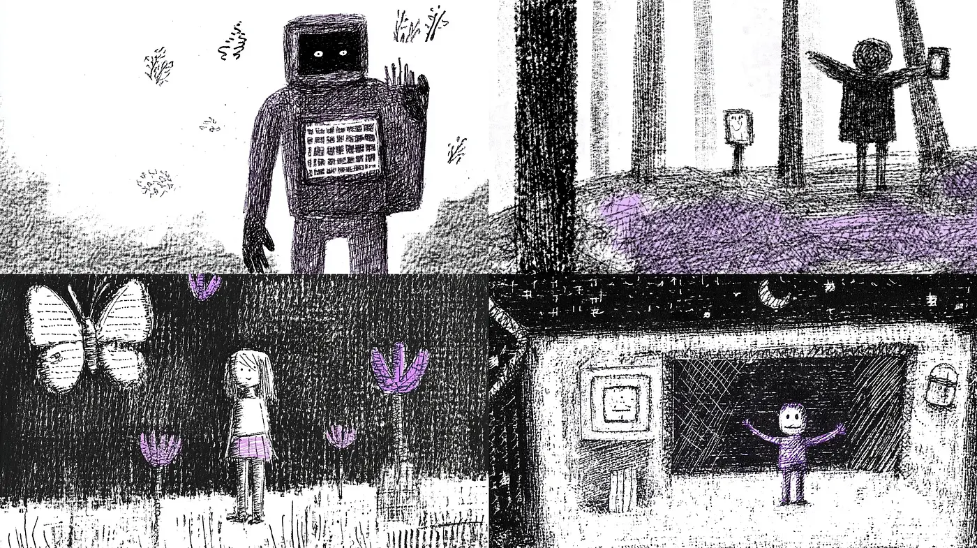 Monochromatic Whimsy: Textured Illustrations with a Nostalgic Twist - Midjourney sref style