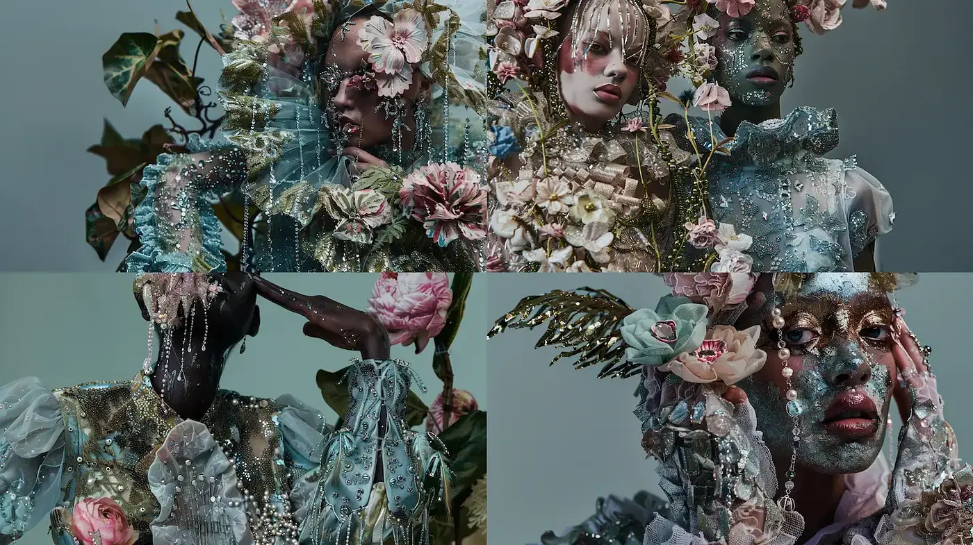 Baroque-Inspired Botanical Dreamscape Portraiture - Midjourney sref style