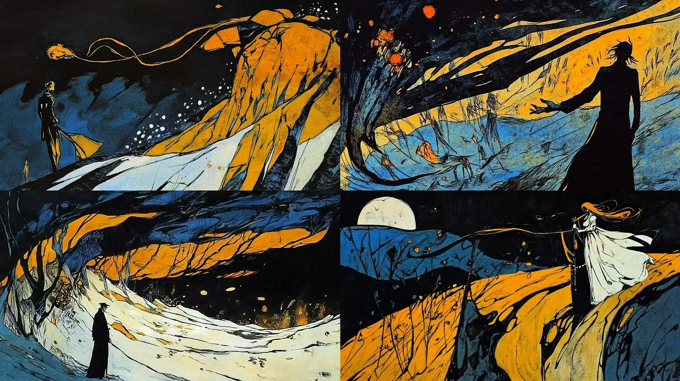 Enigmatic Nocturnal Dreamscape: A Fusion of Ukiyo-e Elegance and Post-Impressionist Vigor - Midjourney sref style