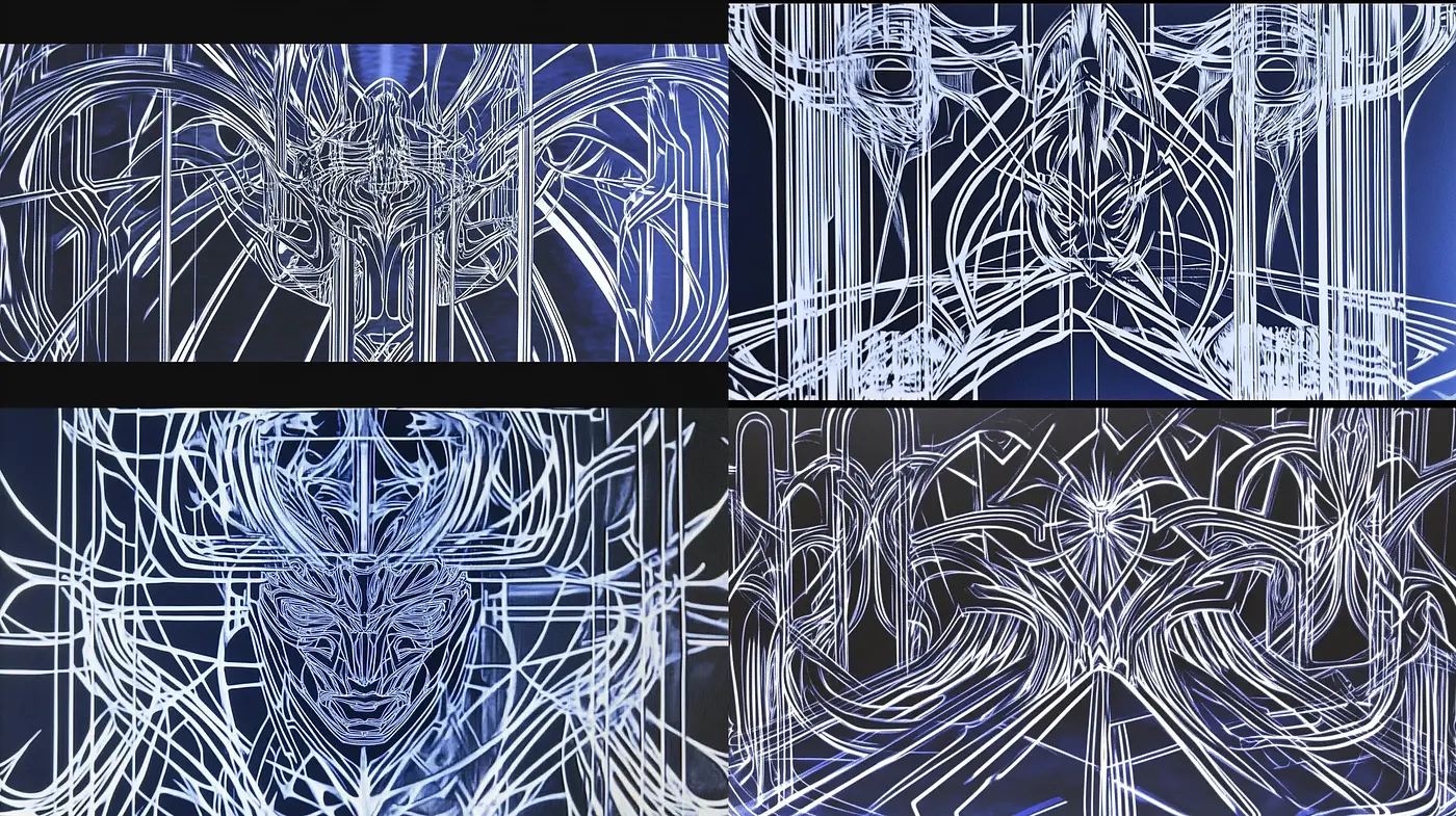 Intricate Linear Abstraction in Electric Blue on Dark Canvas - Midjourney sref style