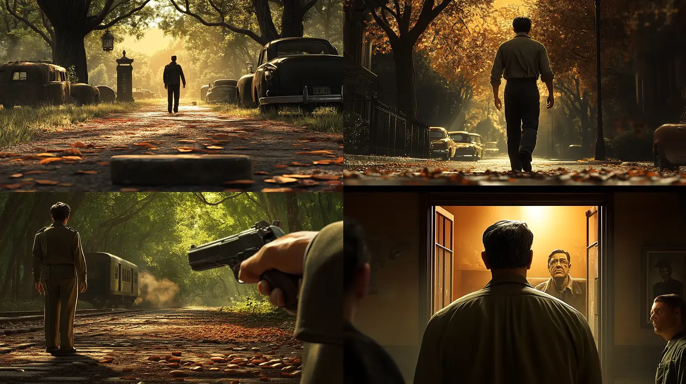Golden Hour Suspense: Warm Tones Meets Cinematic Storytelling - Midjourney sref style