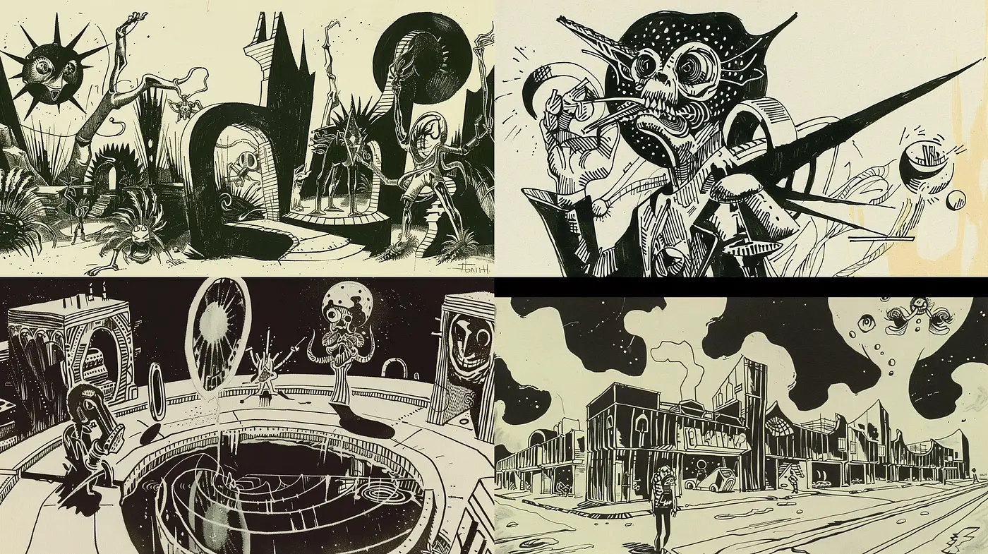 Stark Monochromatic Surrealism with Comic Book Inspirations - Midjourney sref style