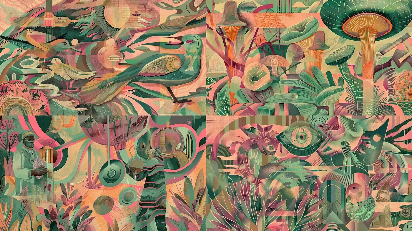 Whimsical and surreal botanical landscapes with intricate details - Midjourney sref style