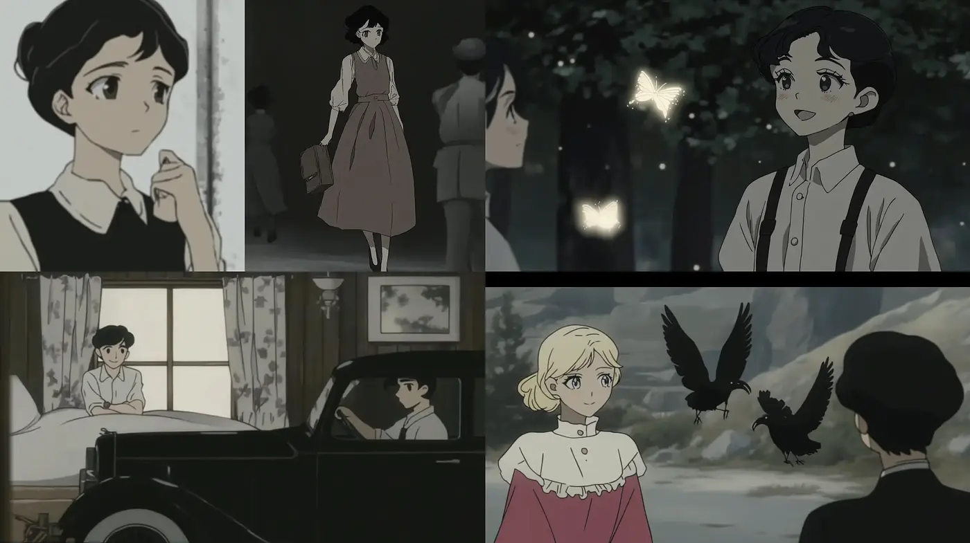 Monochromatic Nostalgia in Anime-Inspired Tableaux - Midjourney sref style