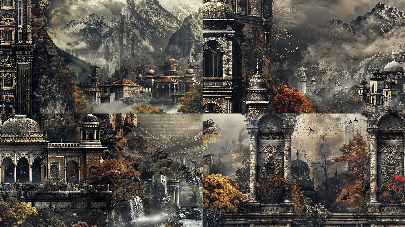 Mythic Echoes of Time: An Ode to Ruins and Nature in Sepia Tones - Midjourney sref style