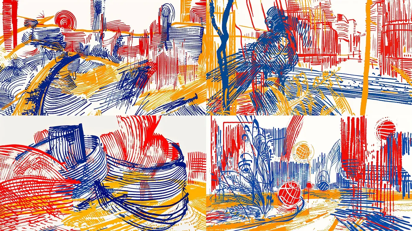 Dynamic Line Art in Bold Colors with Abstract Landscapes - Midjourney sref style
