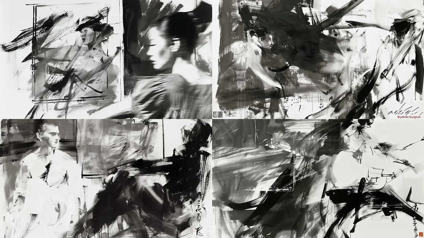 Monochromatic Brushwork Elegance: A Modern Interpretation of Abstract Expressionism - Midjourney sref style