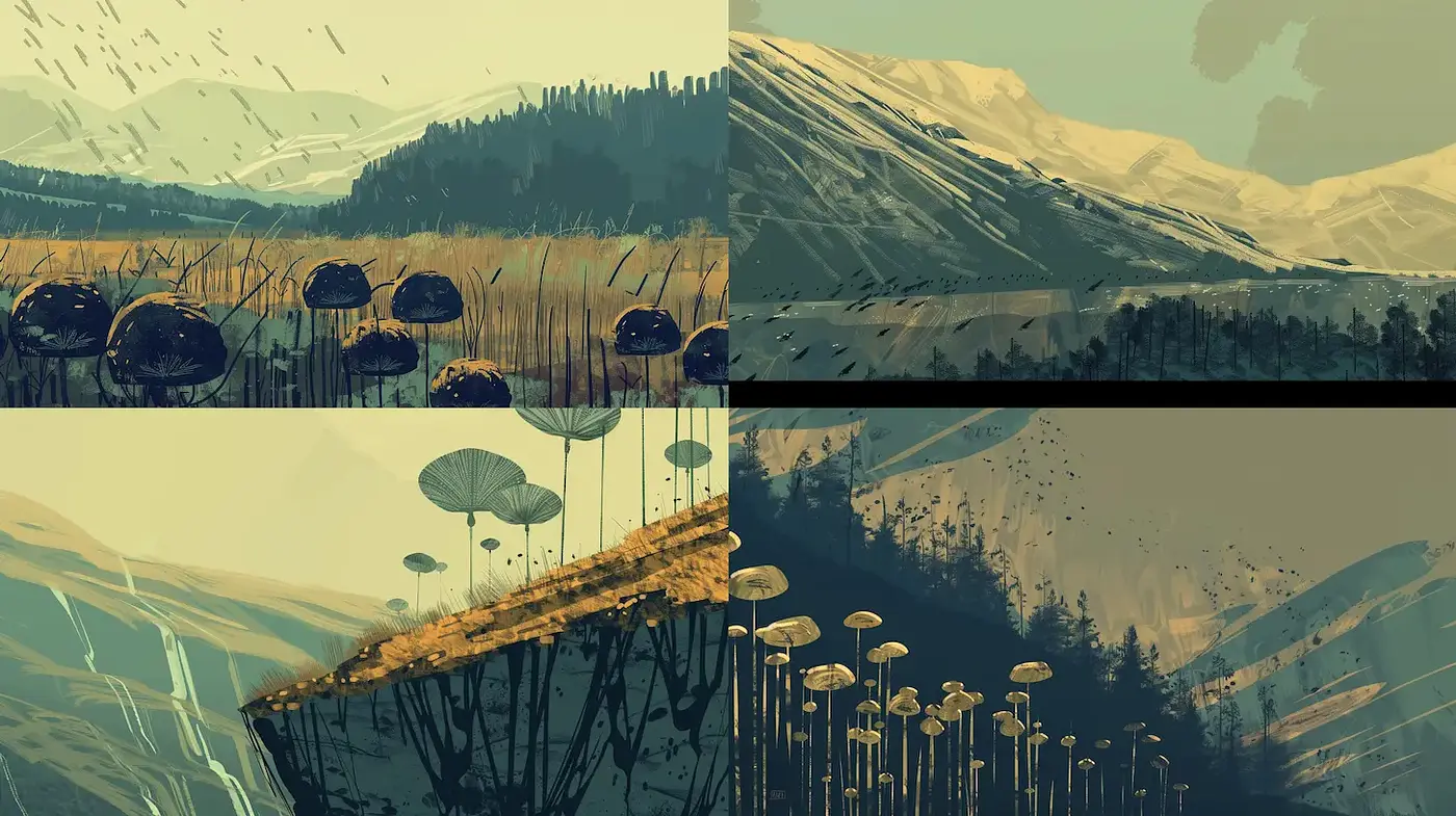 Stylized landscapes with a serene, ethereal quality - Midjourney sref style