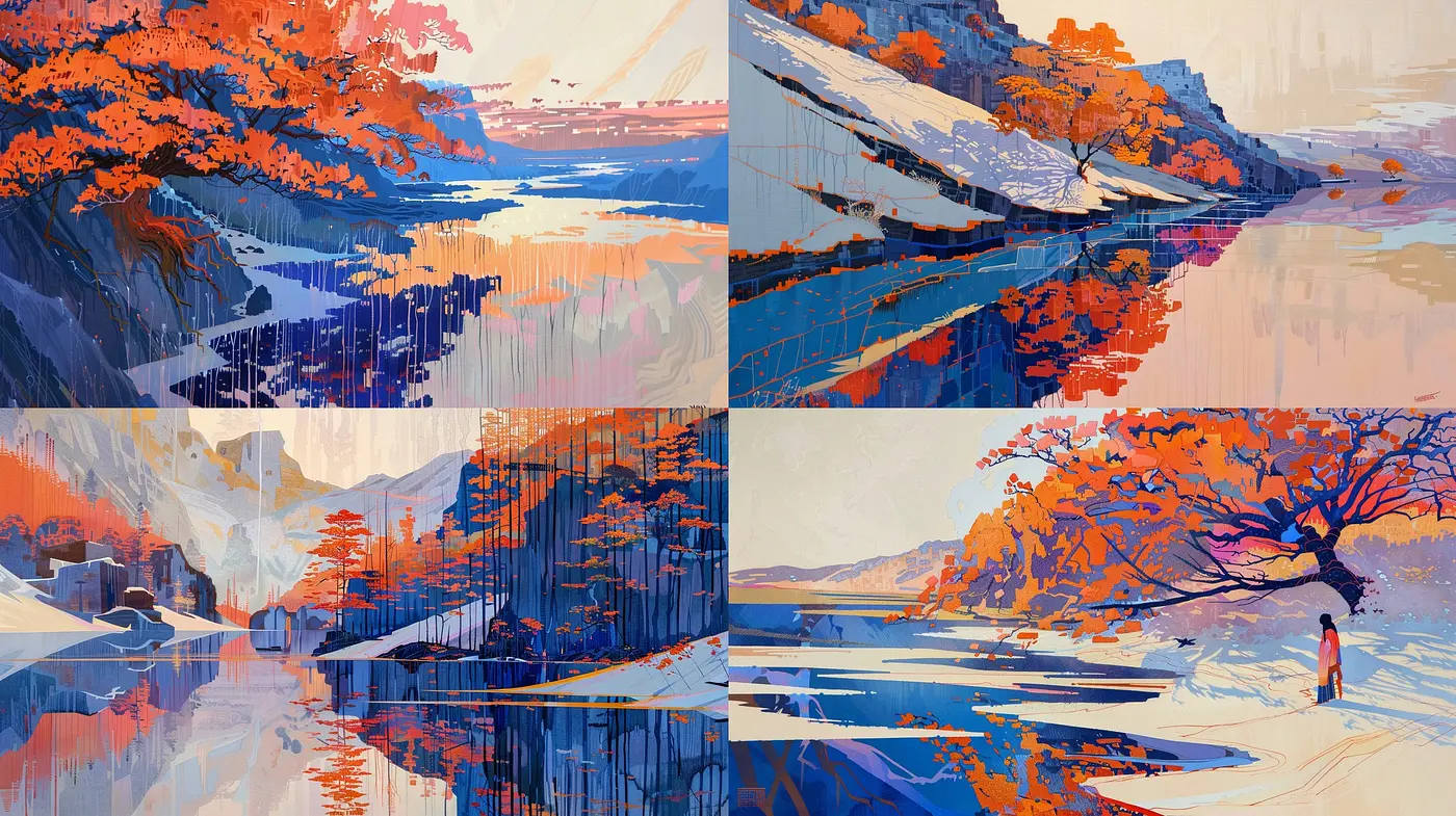 Harmonious Autumn Reflections: A Synthesis of Geometric Precision and Nature's Palette - Midjourney sref style