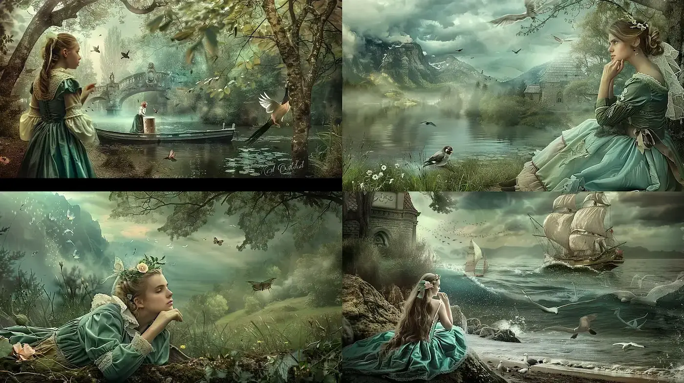 Ethereal Fantasy Landscapes with Romantic Elements and Delicate Coloration - Midjourney sref style