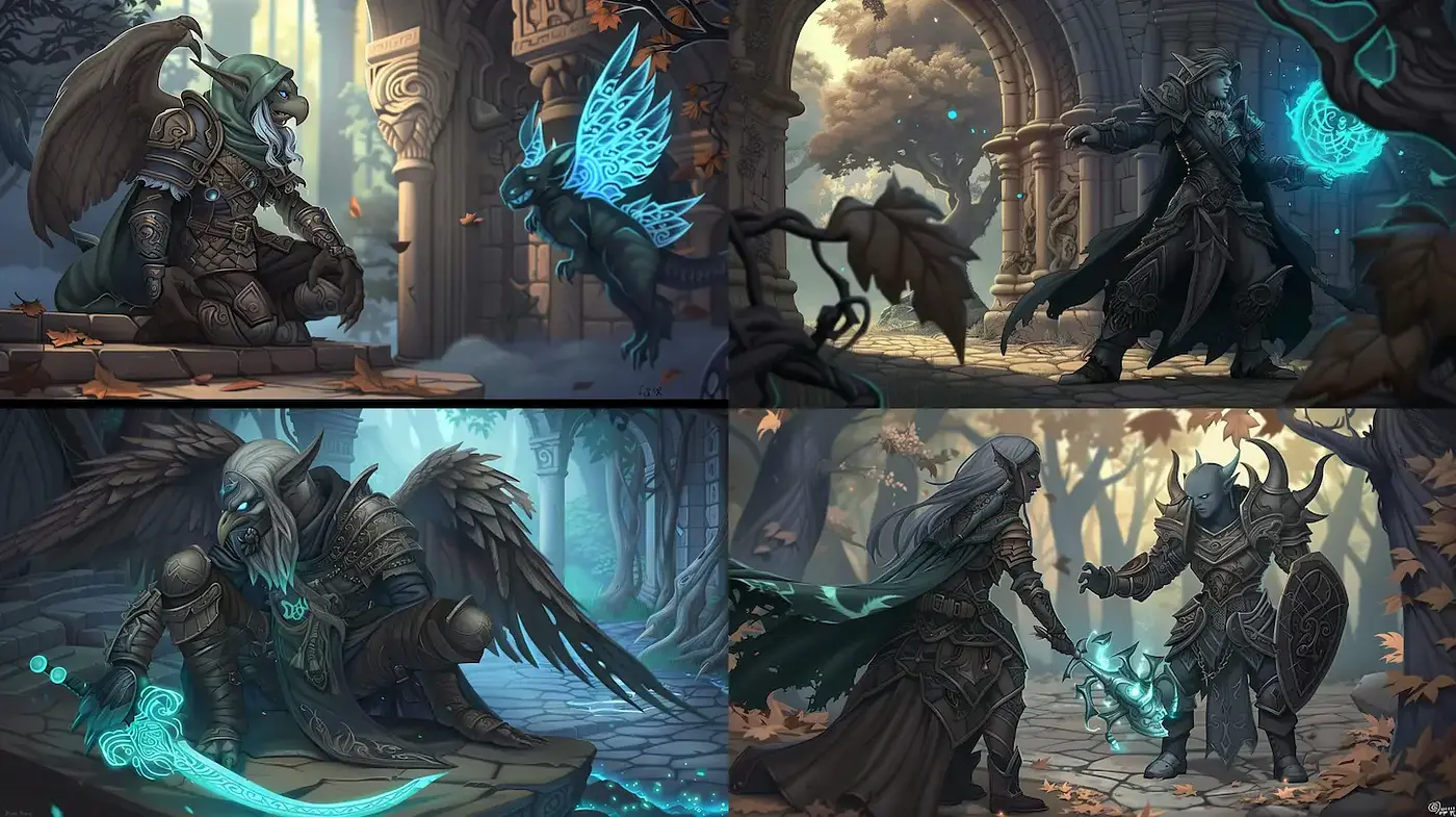Fantasy Realm with Ethereal Creature Elements and Heroic Characters - Midjourney sref style