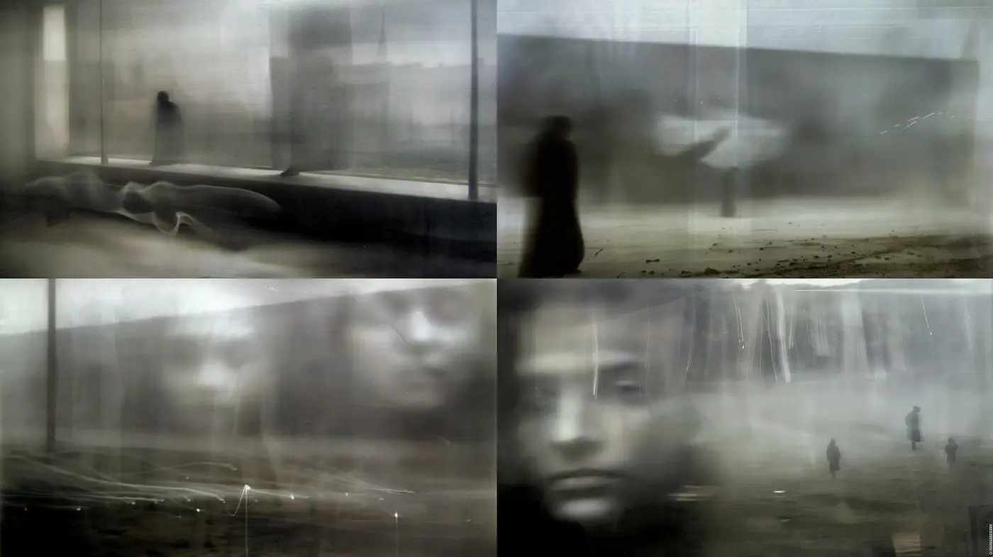 Ethereal Echoes of Melancholy: A Dreamlike Fusion of Smoky Hues and Blurred Realities - Midjourney sref style