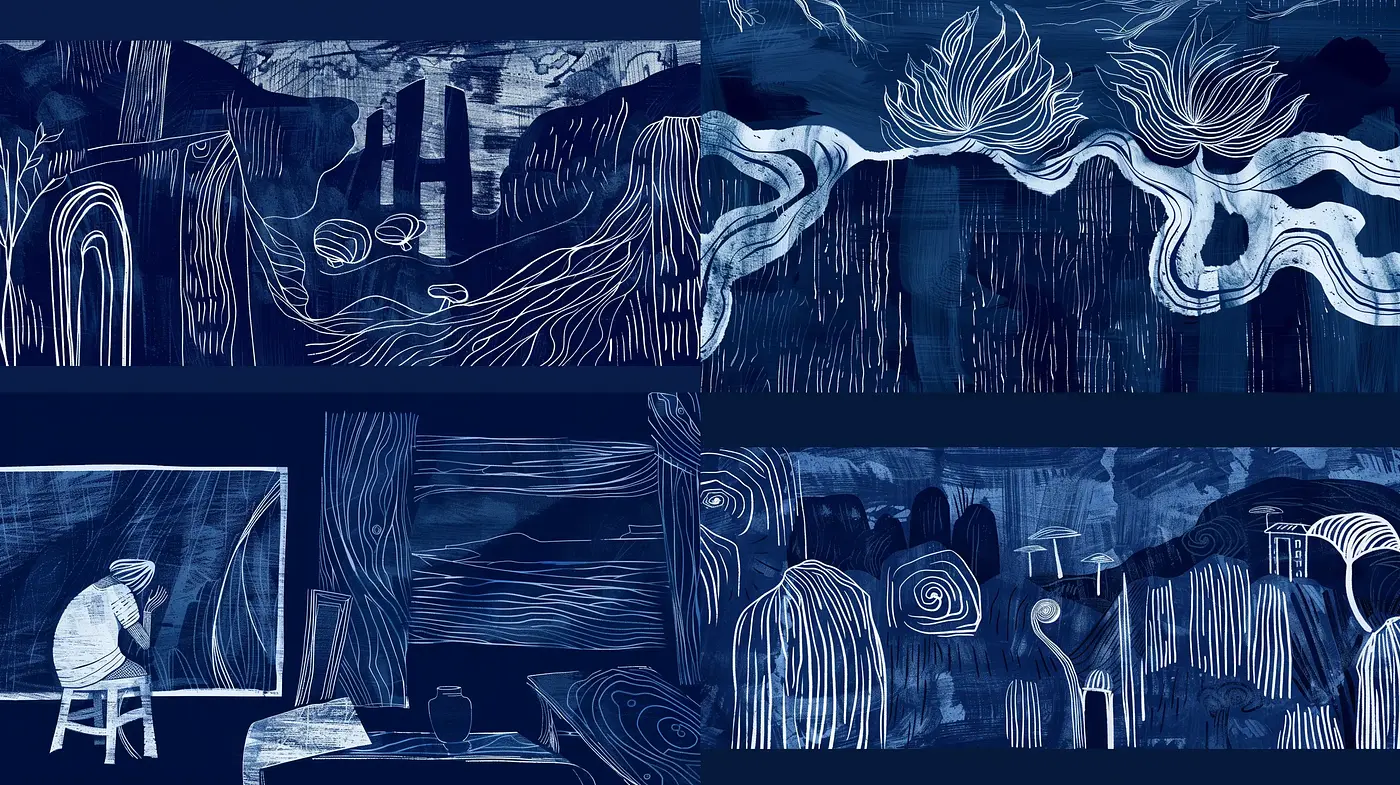Indigo Dreamscapes with Textured Expressionism - Midjourney sref style