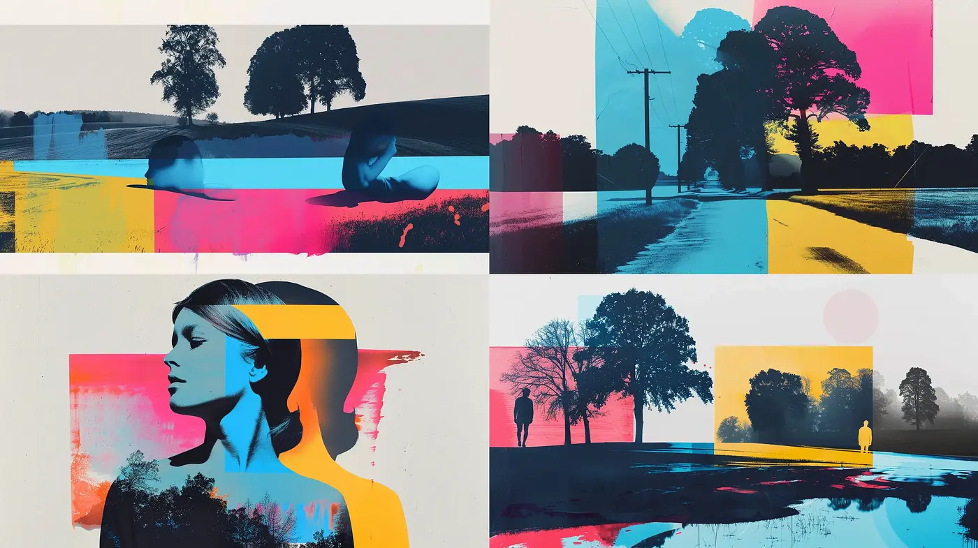 Contrasted Serenity in Dual-Tone Pop Art Landscapes - Midjourney sref style