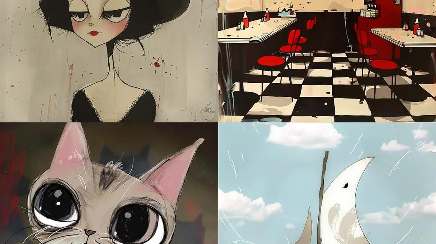 Echoes of Whimsical Melancholy: A Fusion of Cartoon and Anime Influences with Surreal Undertones - Midjourney sref style