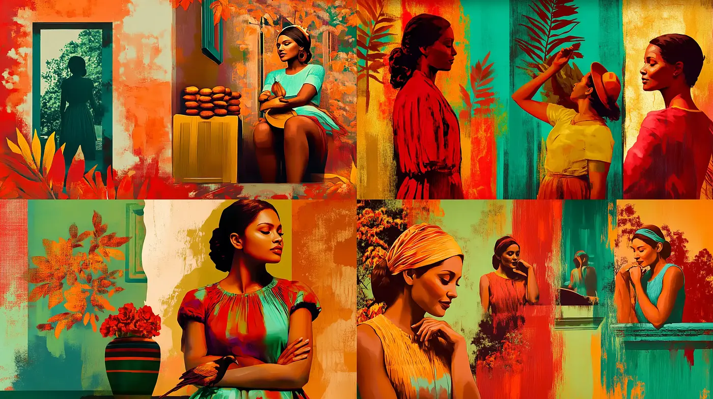 Sunset Hues and Floral Motifs in Stylized Realism - Midjourney sref style