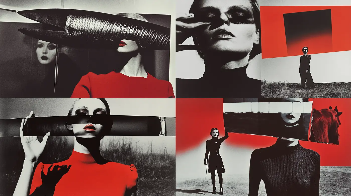 Monochromatic Elegance with Surrealist Influence and Vivid Red Accents - Midjourney sref style