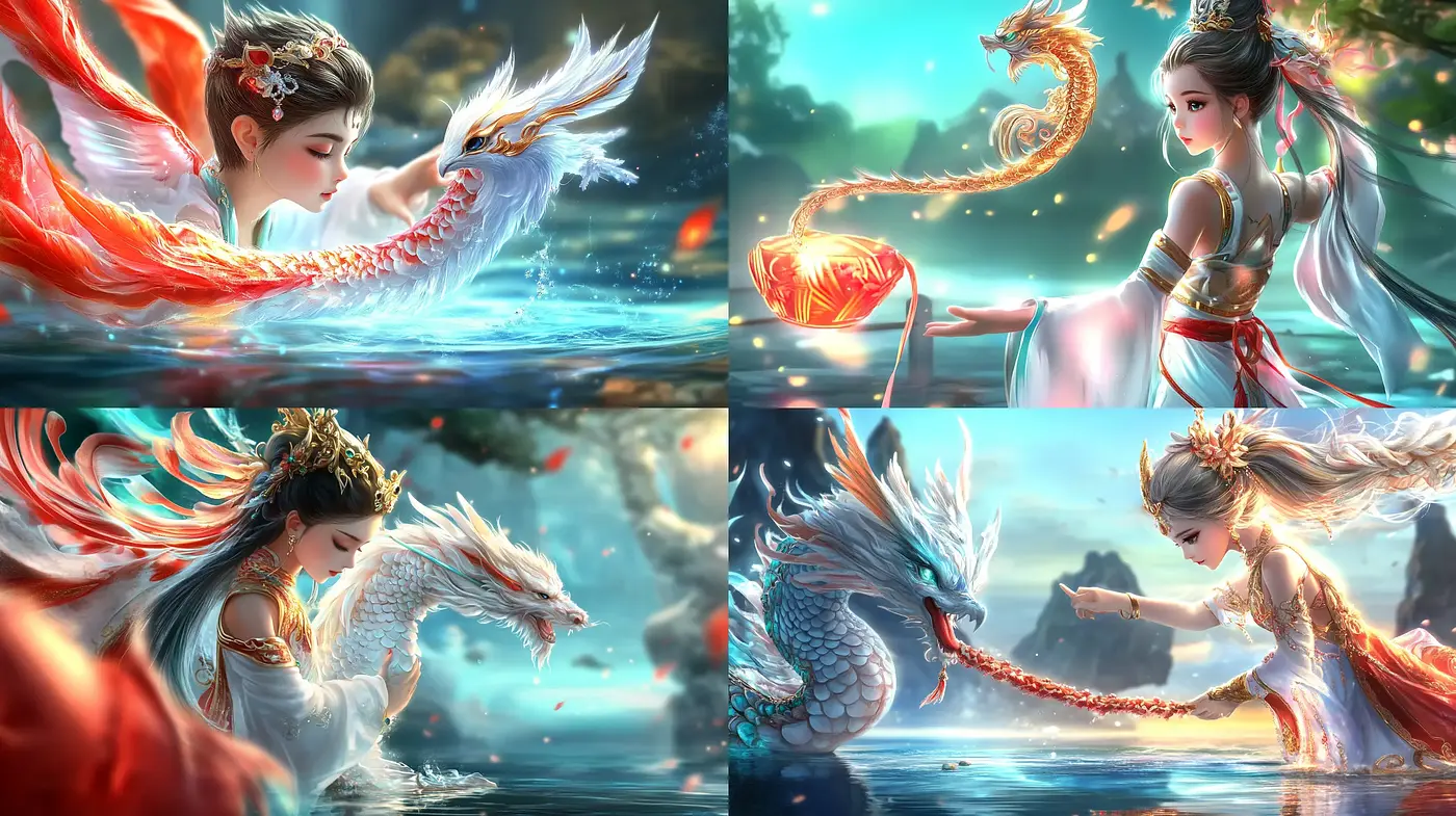 Ethereal Fantasy Scenes with Celestial Dragons and Serene Water Spirits - Midjourney sref style