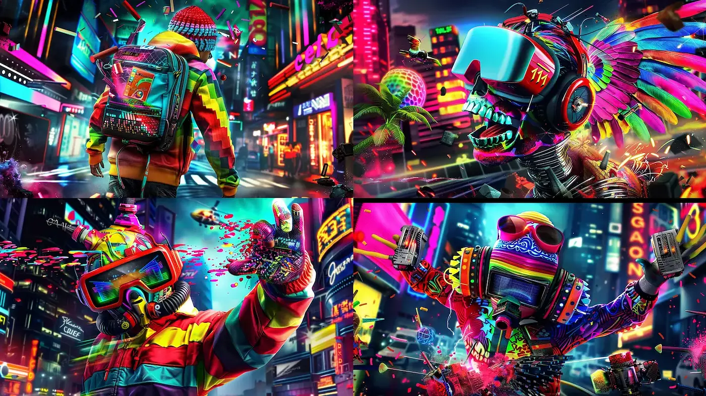 Vibrant Futuristic Neon Aesthetic with Cyberpunk Influence - Midjourney sref style