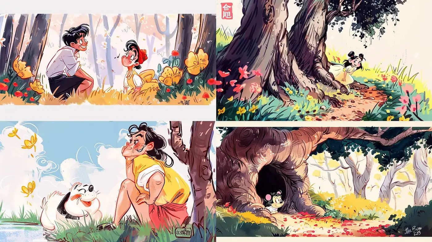 Playful and Lively Cartoon Aesthetic with Nature Themes - Midjourney sref style