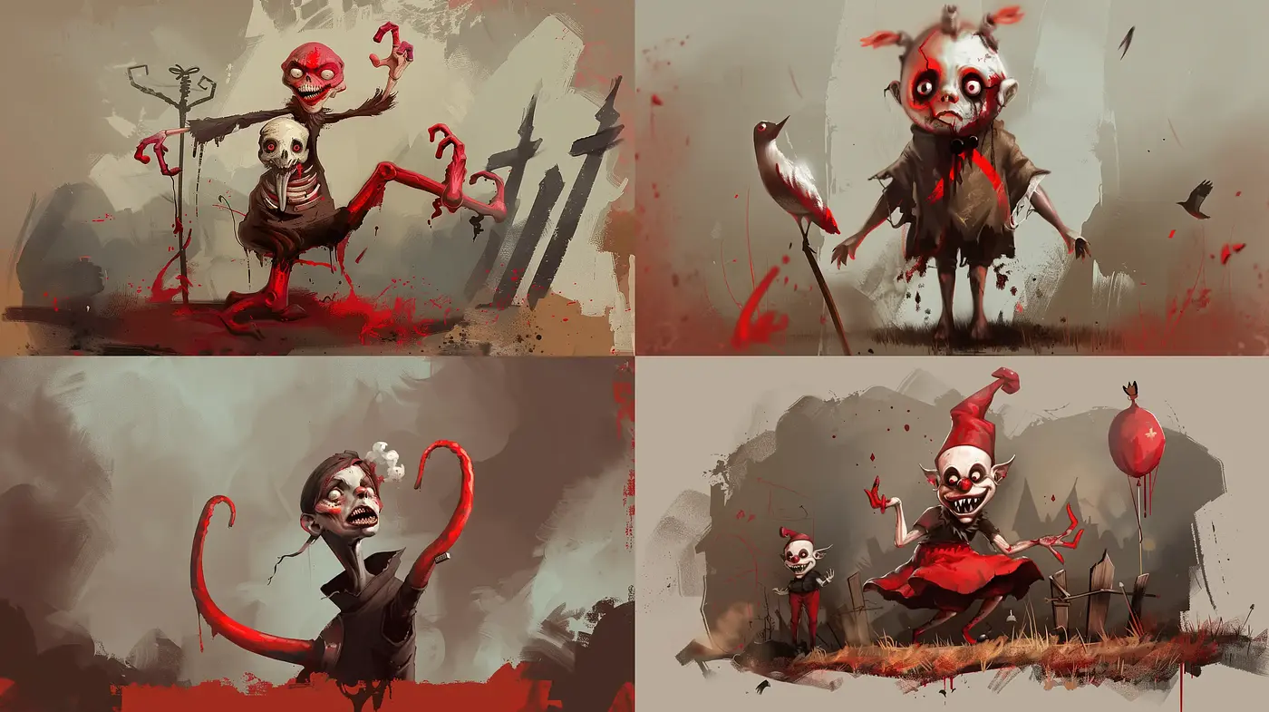 Macabre Whimsy: Stylized Grotesque in a Surreal Landscape - Midjourney sref style