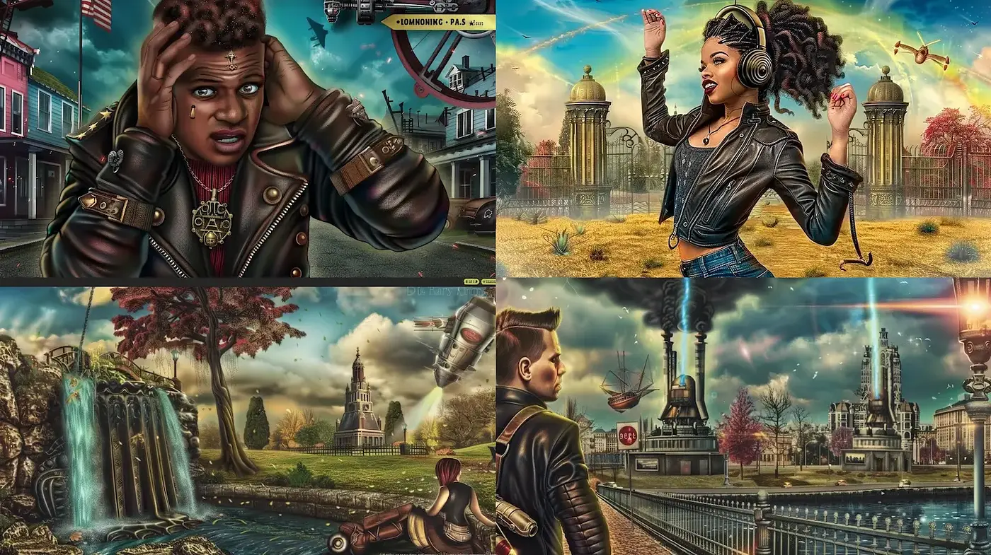 Futuristic yet nostalgic urban exploration with steampunk elements - Midjourney sref style
