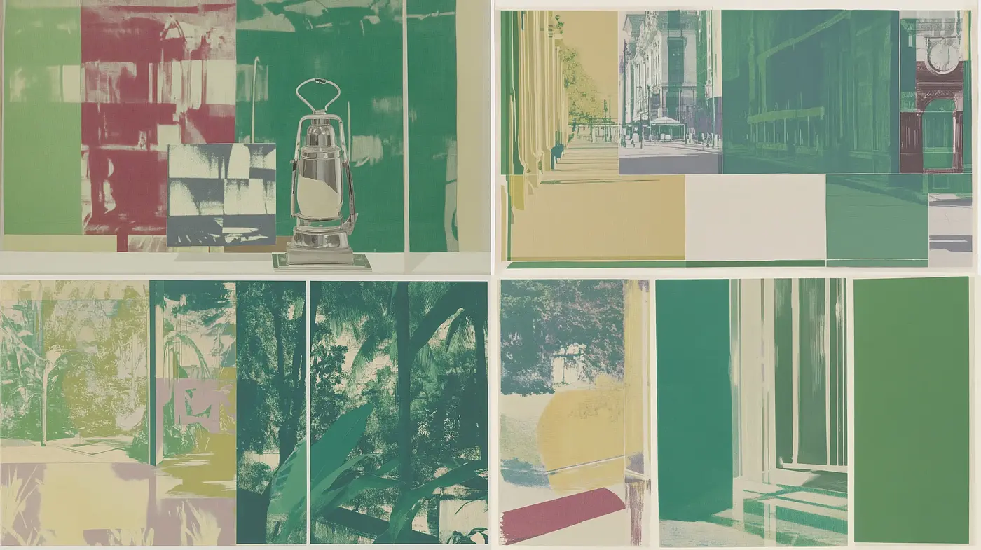 Abstracted Urban Pastoral: A Study in Green Hues and Fragmented Narratives - Midjourney sref style