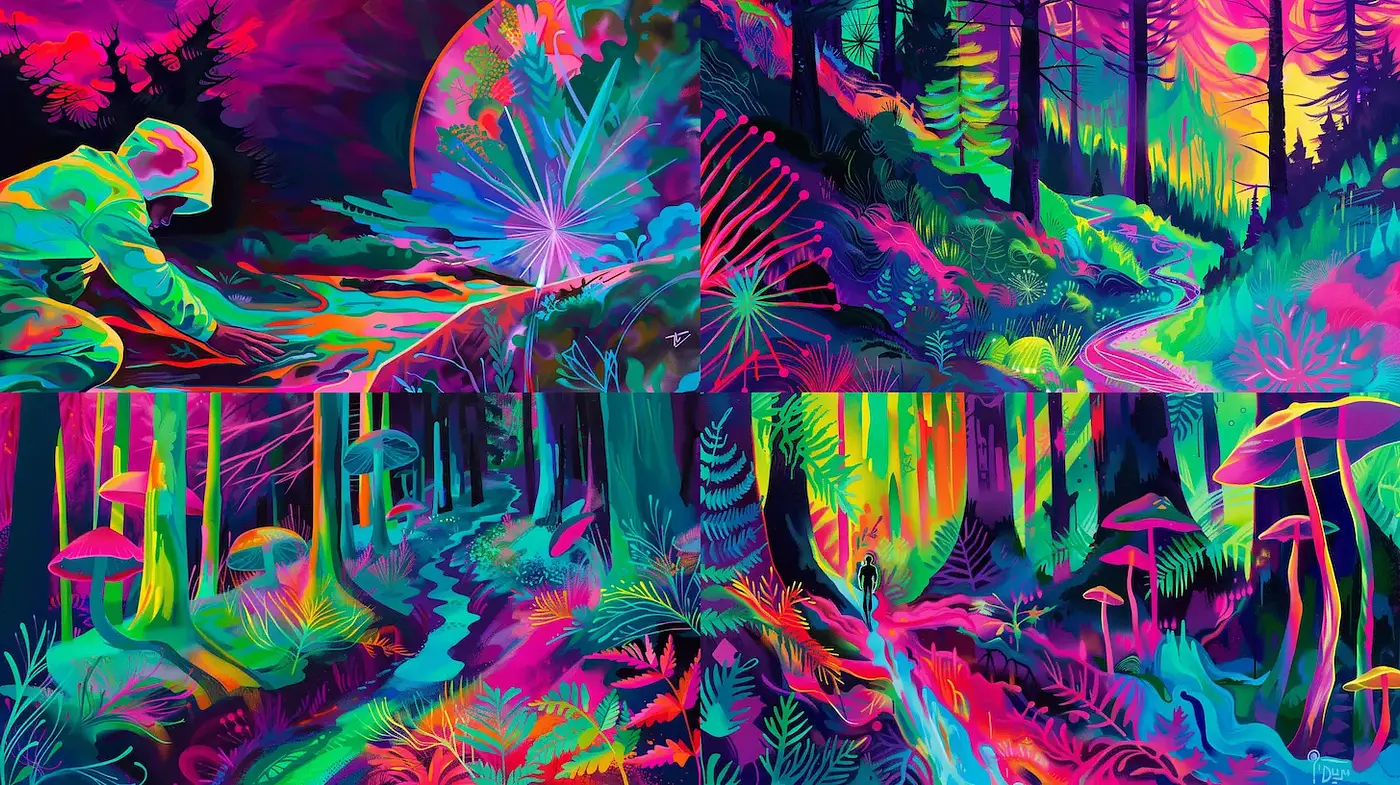 Vibrant and Surreal Nature Landscapes with Psychedelic Elements - Midjourney sref style