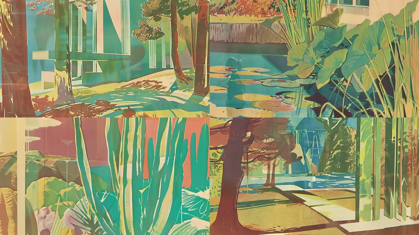 Vibrant Mid-Century Modern Landscape Aesthetics - Midjourney sref style