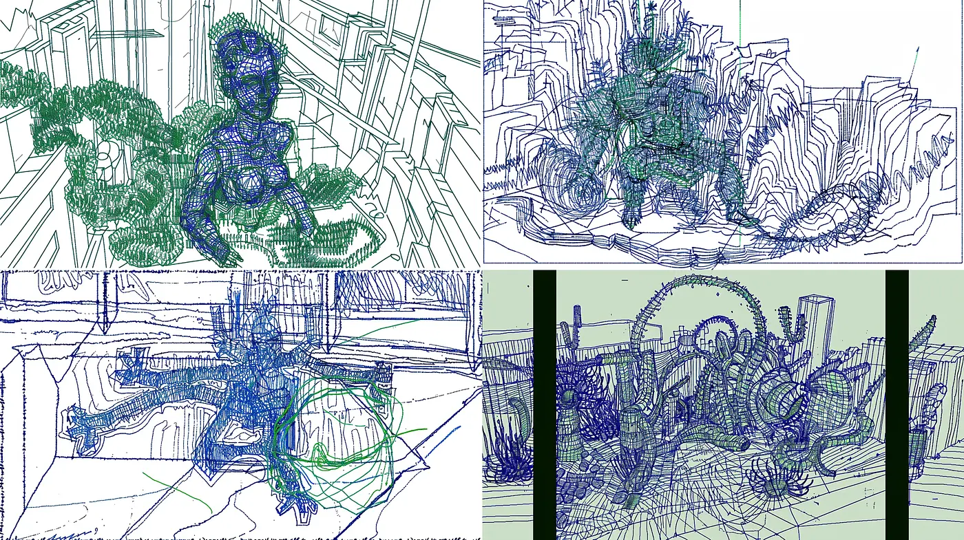 Sketch-like Pen Drawing Technique in Monochromatic Blue - Midjourney sref style