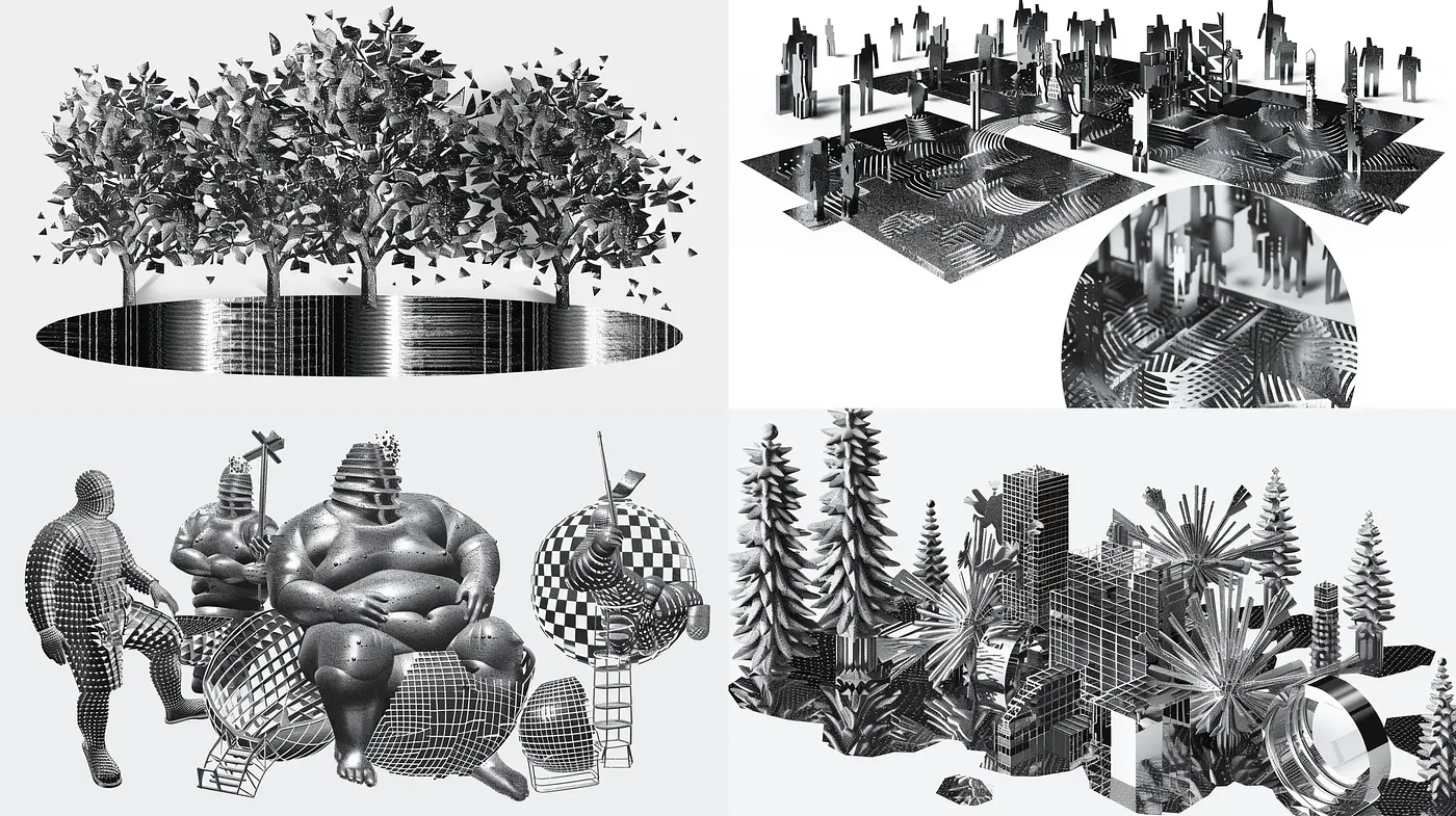 Monochromatic Hatched Parallelism: Exploring Linearity and Repetition in a Stylized Reality - Midjourney sref style
