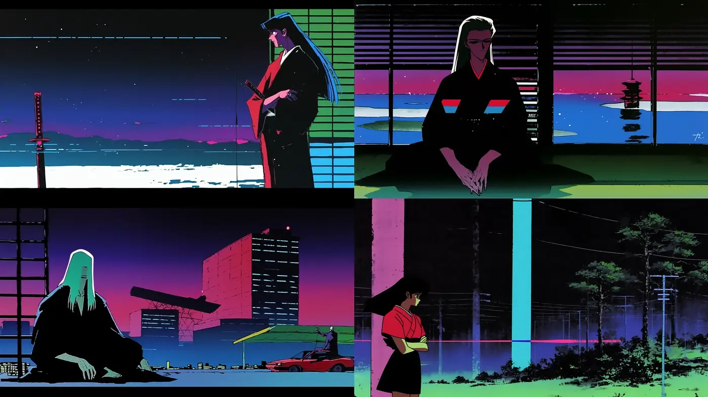 Neon-Noir Cyberpunk Synthesis with Moody Overtones - Midjourney sref style