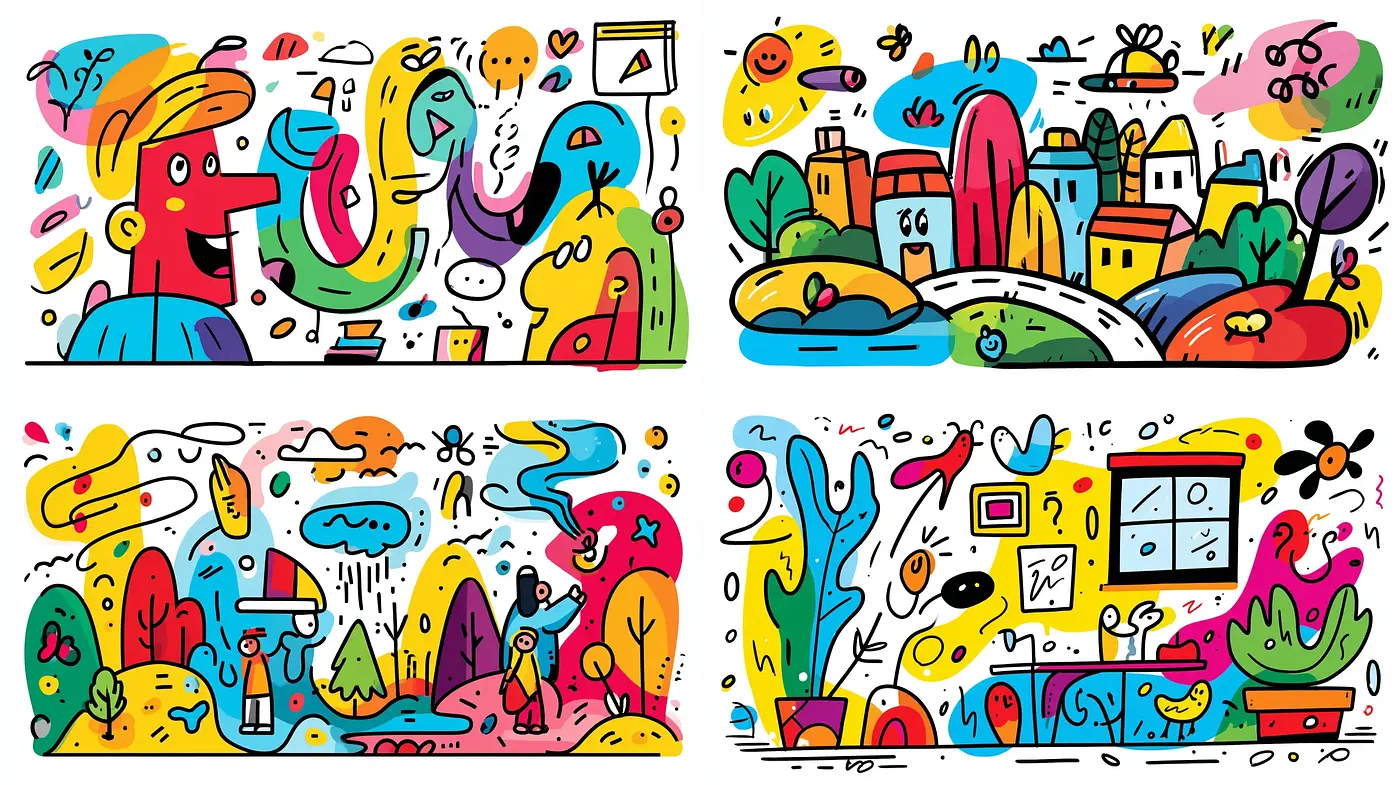 Vibrant, playful illustrations with abstract landscapes and whimsical characters - Midjourney sref style