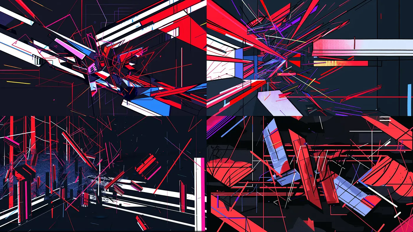 Geometric Dynamism in Contrasted Hues: A Synthesis of Vibrant Abstraction - Midjourney sref style