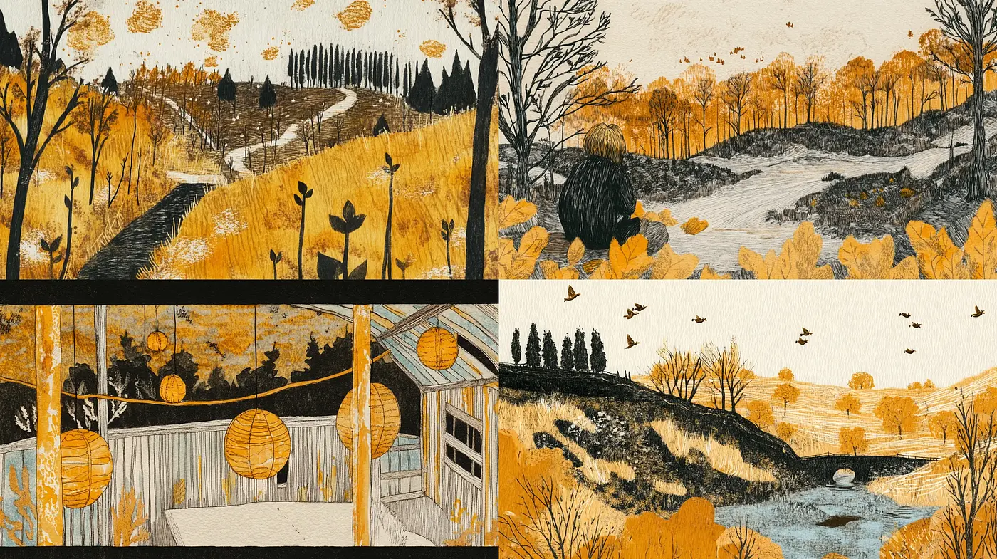Autumnal Hues and Textured Landscapes: A Nostalgic Interpretation - Midjourney sref style