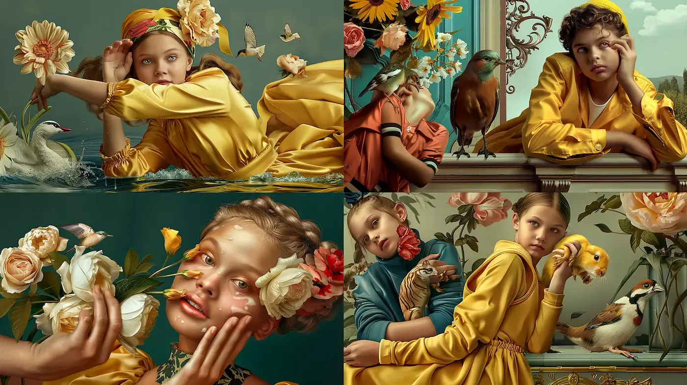 Whimsical Portraits with Florals and Nature Elements - Midjourney sref style