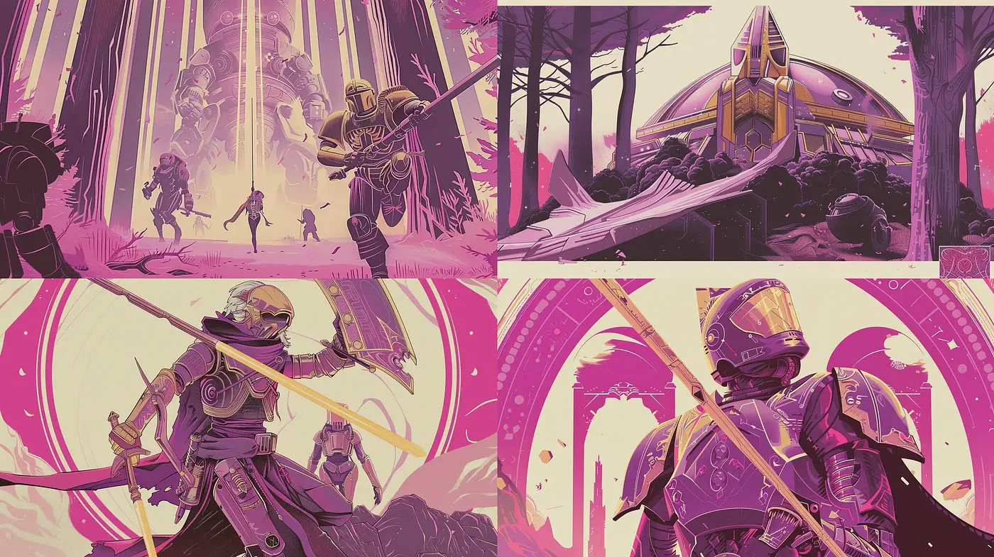 Futuristic Knight Saga in Saturated Sunset Hues - Midjourney sref style
