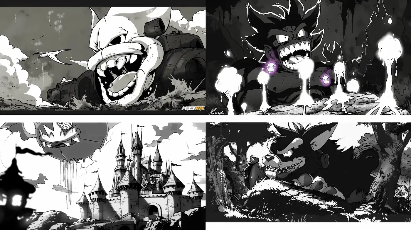 Dynamic and contrasting monochrome landscapes with playful character designs - Midjourney sref style